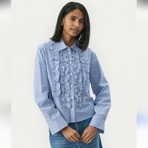 100% Organic Cotton Ruffle Stripe Blouse By Part Two Size 38 Medium
